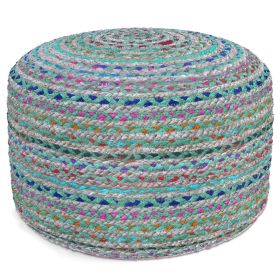 Margo 20 inch Wide Round Pouf in Green Handwoven Jute and Cotton