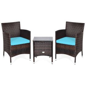 3 Pieces Ergonomic Wicker Patio Conversation Set (Color: Blue)