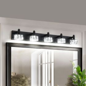 Modern 5-Light Matte Black LED Vanity Light Fixture with Crystal Glass Shades, Bathroom Wall Sconce for Elegant and Contemporary Home Decor (Color: Black, Material: Iron)